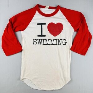 Vintage 80s Screen Stars I Love Swimming Raglan 3/4 Sleeve T Shirt USA Small
